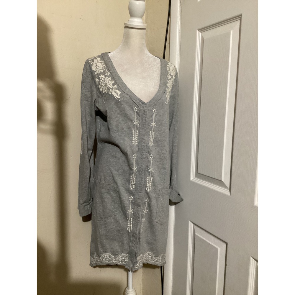 Sundance Grey Embroidered Cotton Snap Front Duster Cardigan Dress Medium